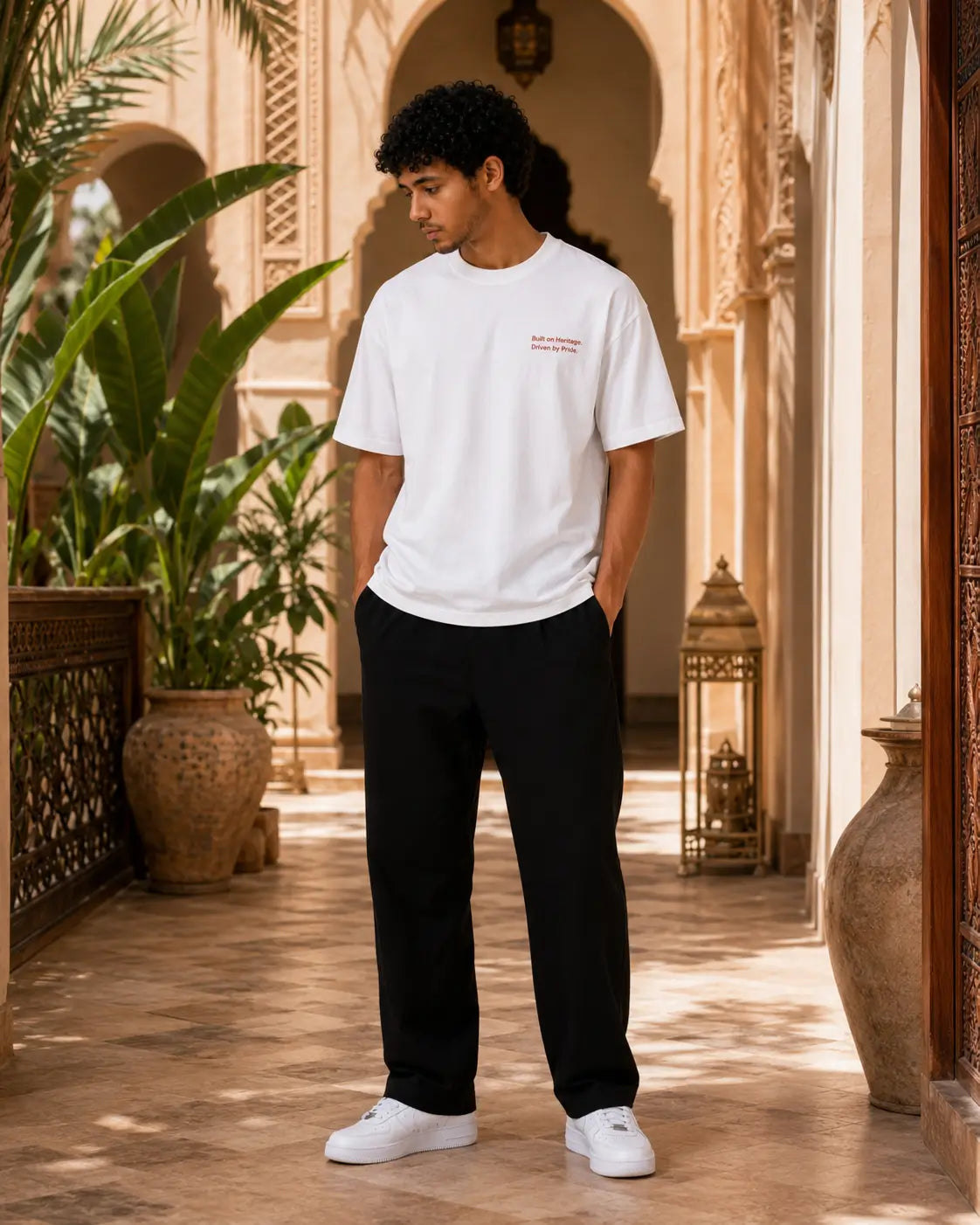 T-shirt blanc MarocGear au style minimaliste, inspiré de l’héritage marocain et présenté dans un décor de riad premium.