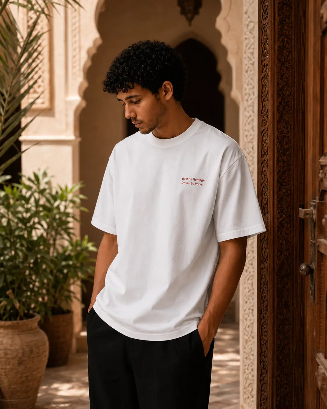 T-shirt blanc MarocGear au style minimaliste, inspiré de l’héritage marocain et présenté dans un décor de riad premium.