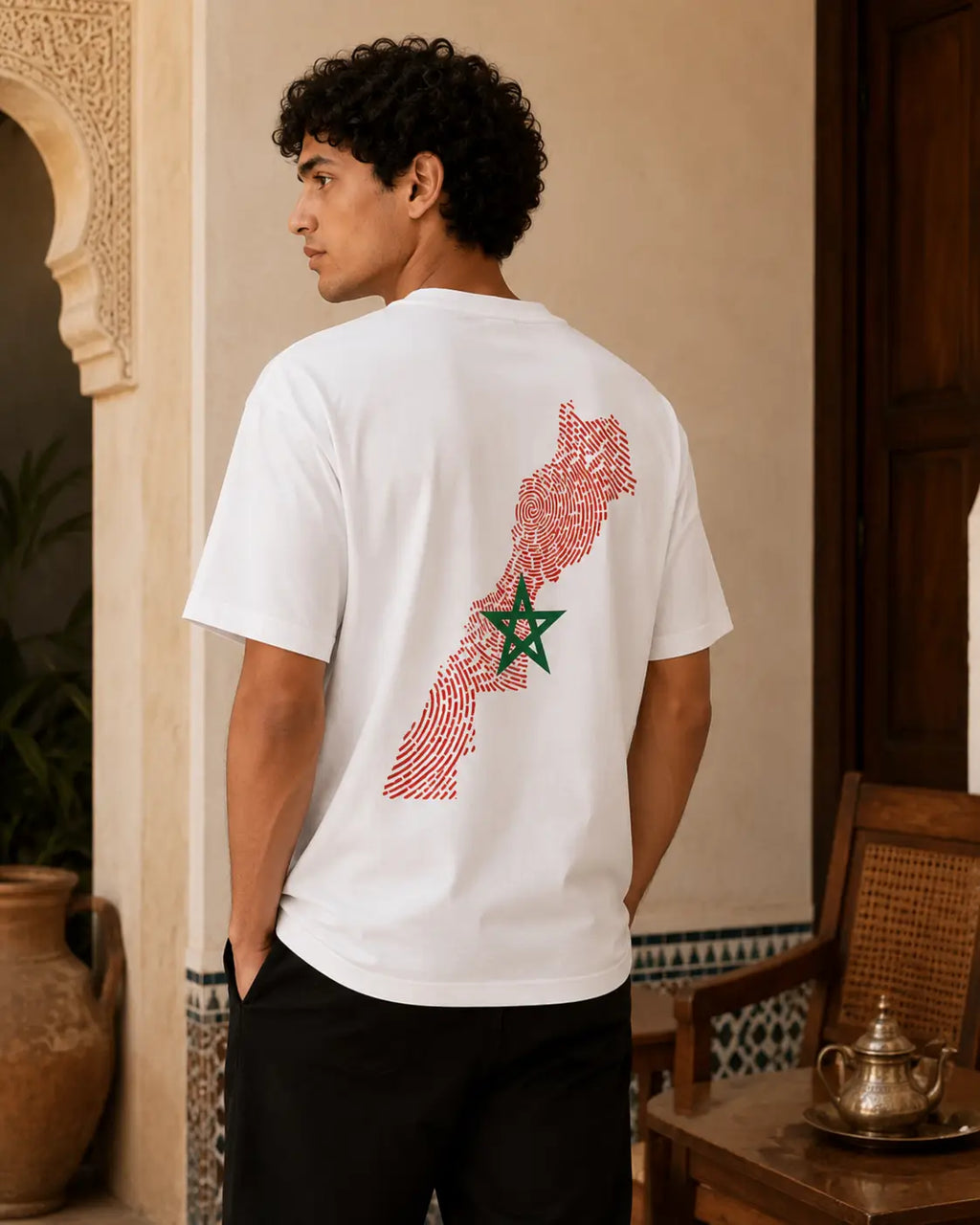 T-shirt blanc minimaliste MarocGear avec inscription Morocco Always, présenté dans un décor de riad marocain premium.