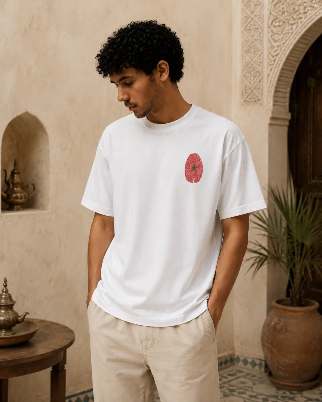T-shirt blanc MarocGear avec badge rouge marocain, porté dans un décor de riad premium.