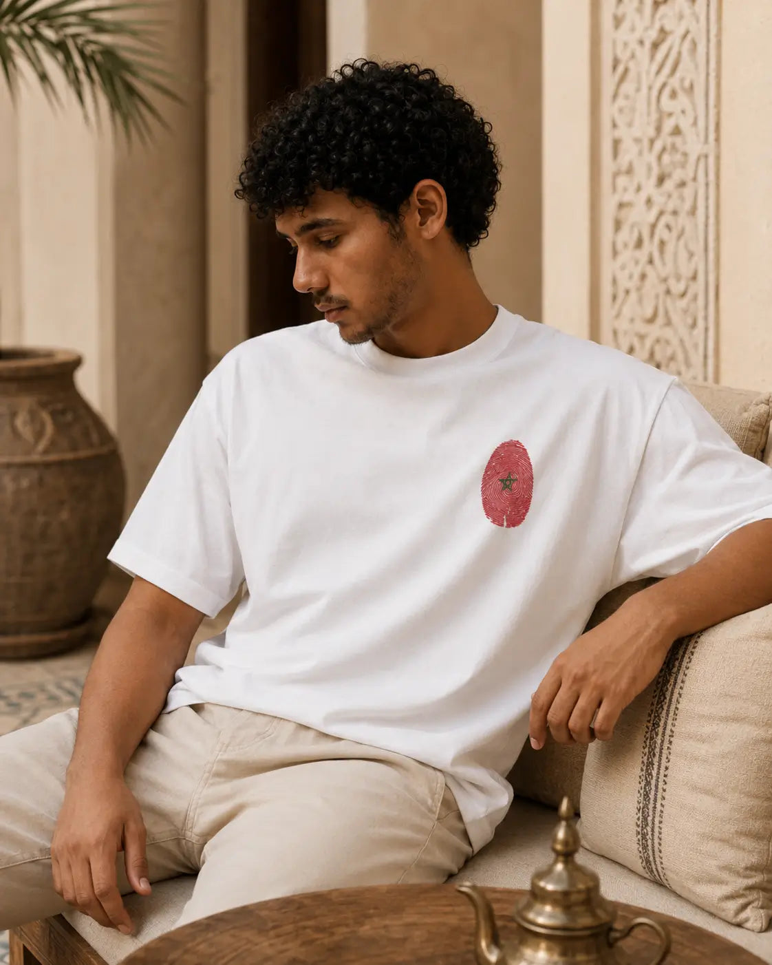 T-shirt blanc MarocGear avec badge rouge marocain, porté dans un décor de riad premium.