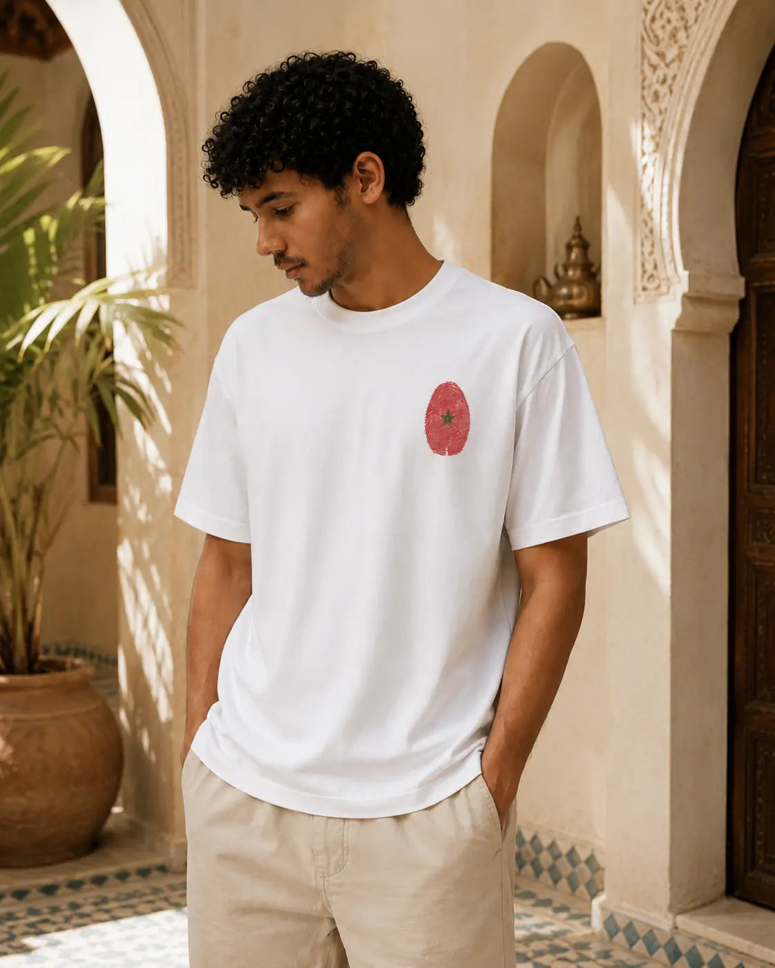 T-shirt blanc MarocGear avec badge rouge marocain, porté dans un décor de riad premium.