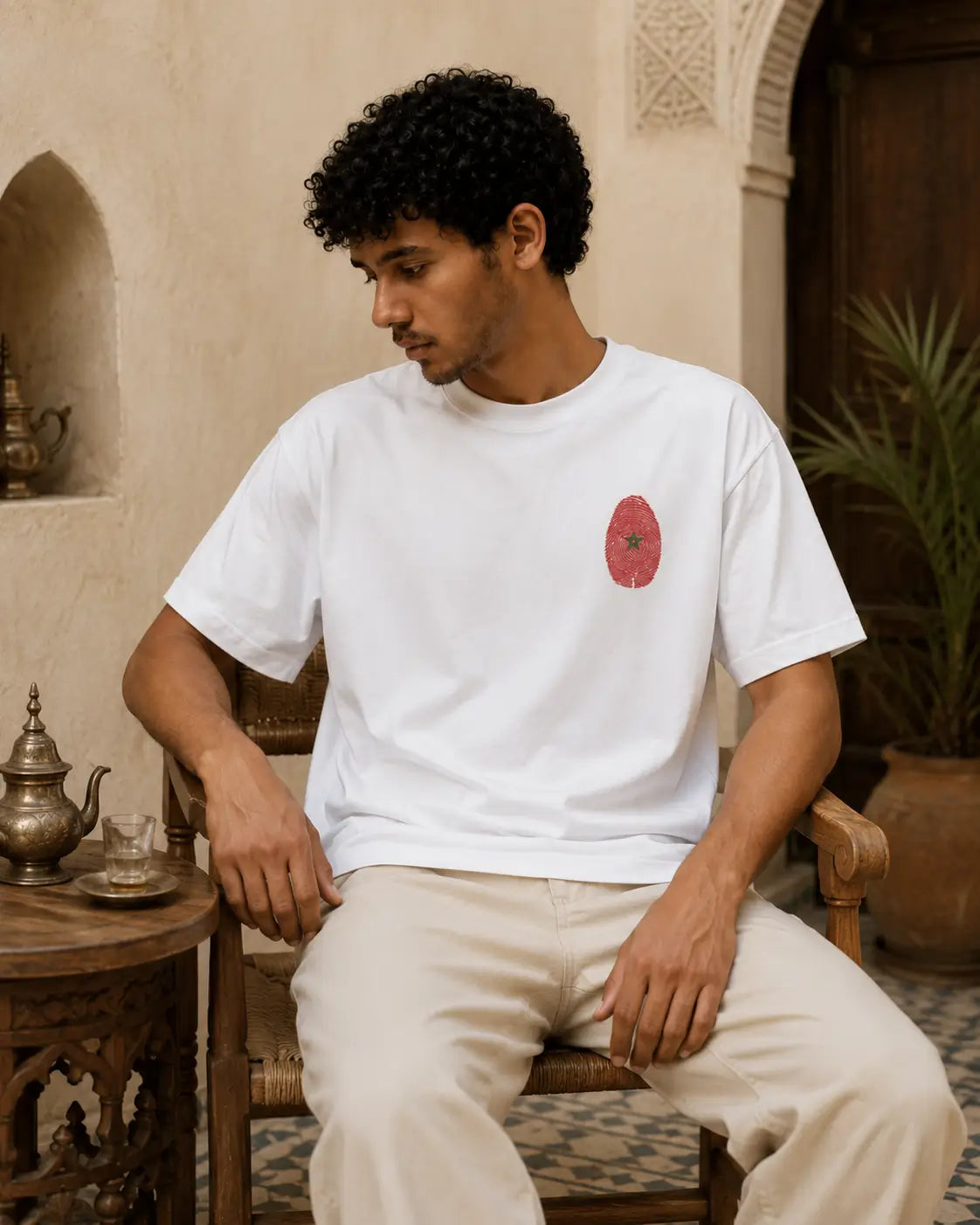 T-shirt blanc MarocGear avec badge rouge marocain, porté dans un décor de riad premium.