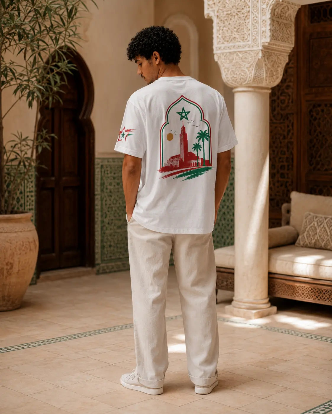 T-shirt blanc MarocGear avec motif étoile marocaine, porté dans un décor de riad marocain premium.