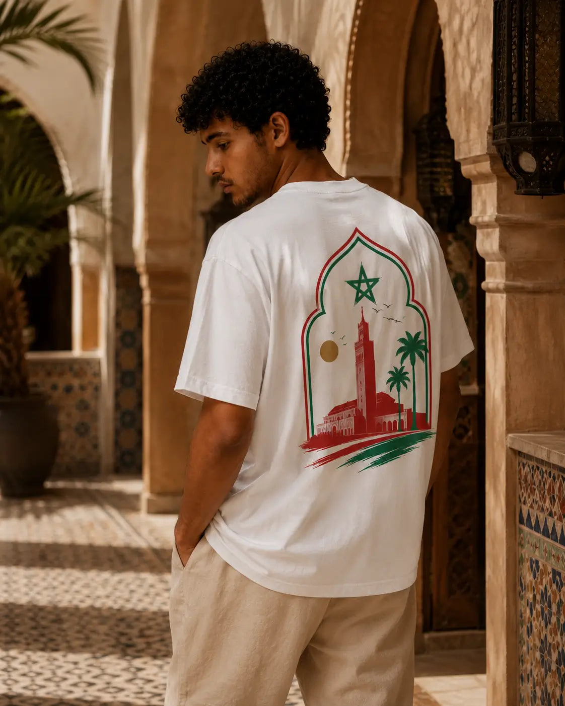 T-shirt blanc MarocGear avec motif étoile marocaine, porté dans un décor de riad marocain premium.