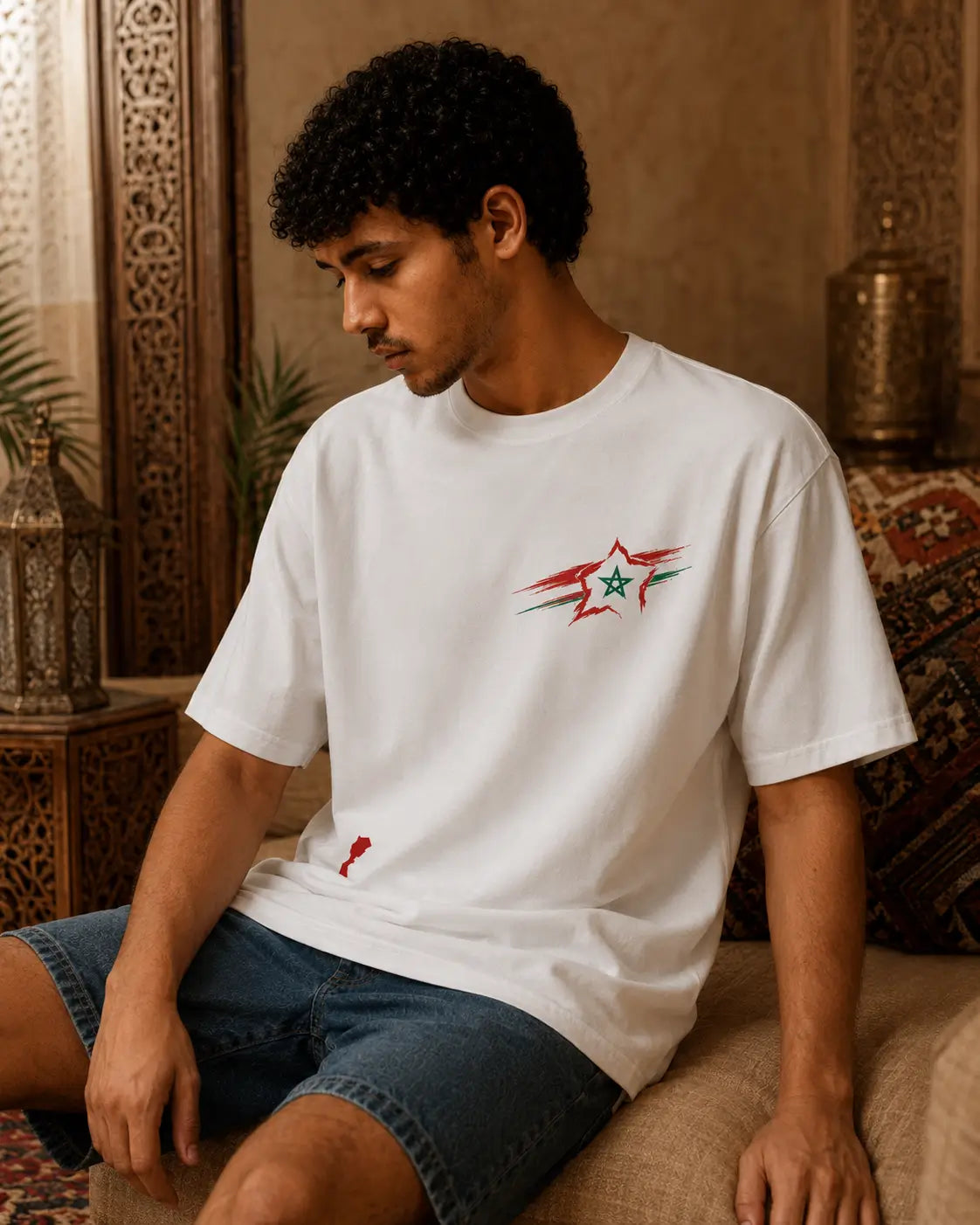 T-shirt blanc MarocGear avec motif étoile marocaine, porté dans un décor de riad marocain premium.