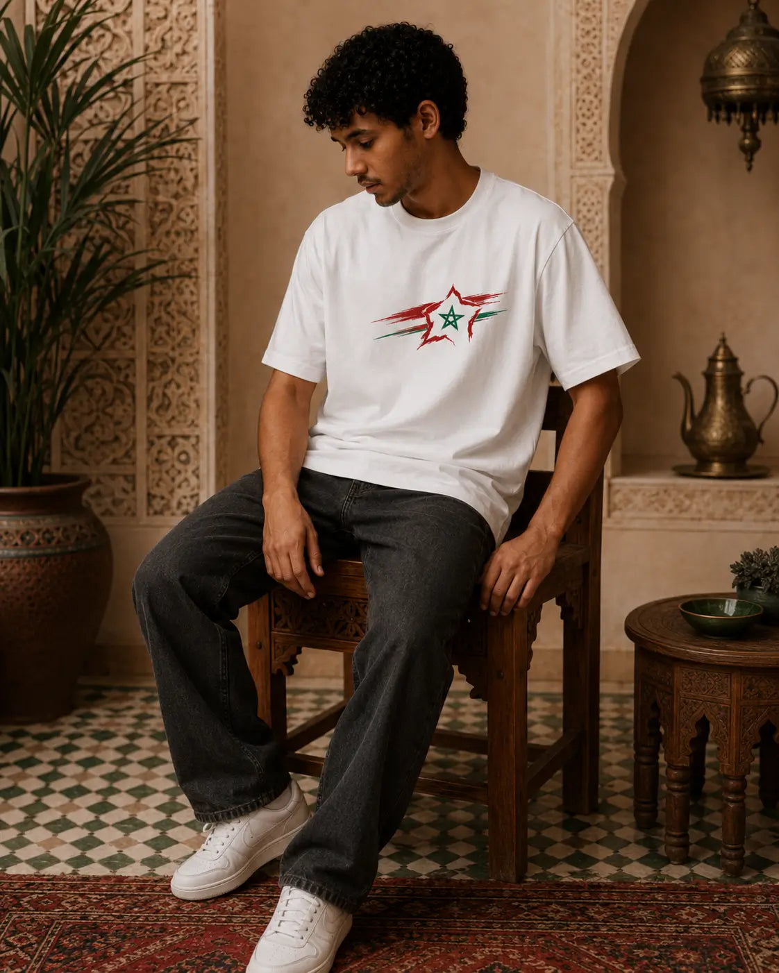 T-shirt blanc MarocGear avec motif étoile marocaine, porté dans un décor de riad marocain premium.