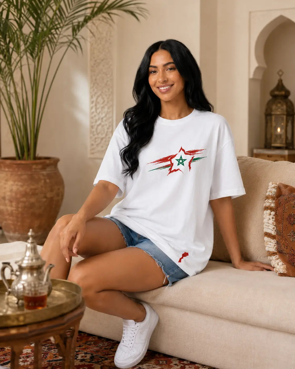 T-shirt blanc MarocGear avec motif étoile marocaine, porté dans un décor de riad marocain premium.