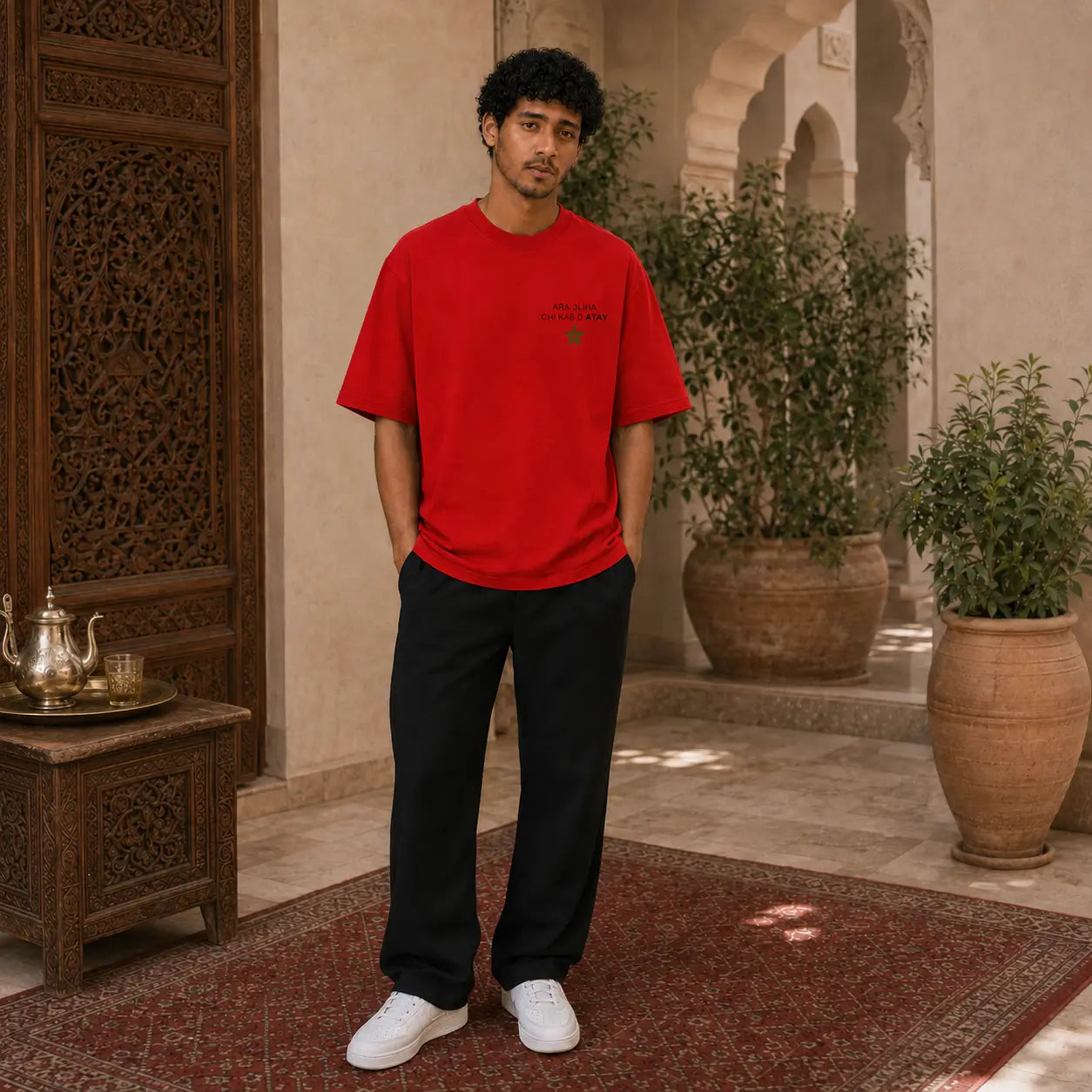 T-shirt rouge ATAY MarocGear, inspiré de l’identité marocaine et des supporters du Maroc.