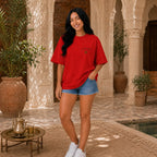 T-shirt rouge ATAY MarocGear, inspiré de l’identité marocaine et des supporters du Maroc.