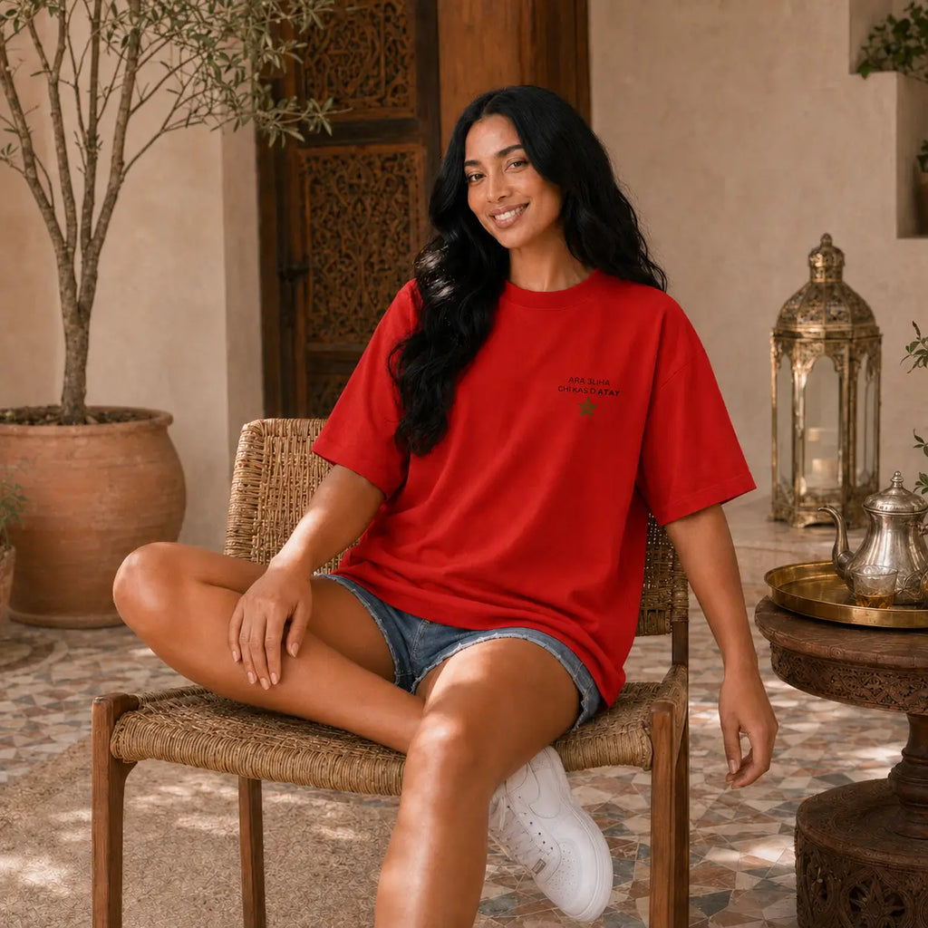 Deux modèles portent le t-shirt rouge MarocGear ATAY dans un riad marocain, avec design supporters du Maroc au dos et logo minimaliste à l’avant.
